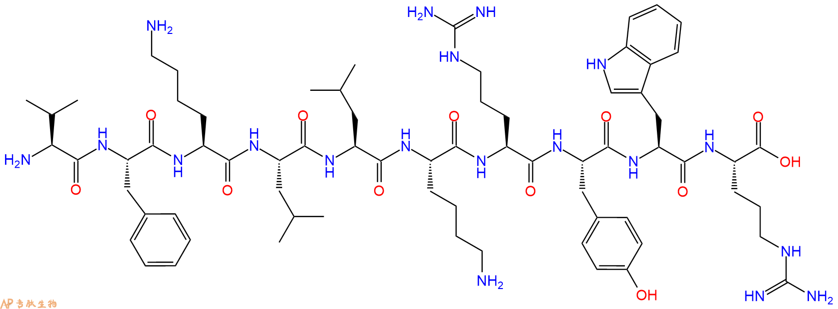 专肽生物产品H2N-Val-Phe-Lys-Leu-Leu-Lys-Arg-Tyr-Trp-Arg-OH