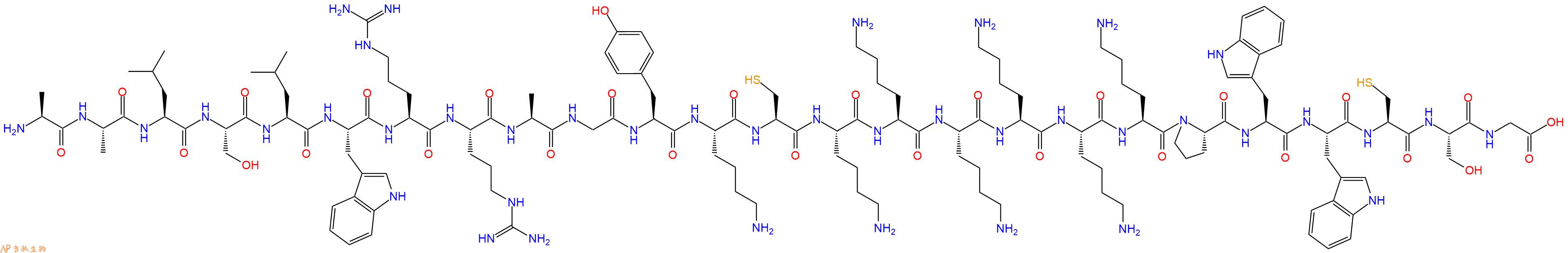 专肽生物产品H2N-Ala-Ala-Leu-Ser-Leu-Trp-Arg-Arg-Ala-Gly-Tyr-Lys-Cys-Lys-Lys-Lys-Lys-Lys-Lys-Pro-Trp-Trp-Cys-Ser-Gly-OH