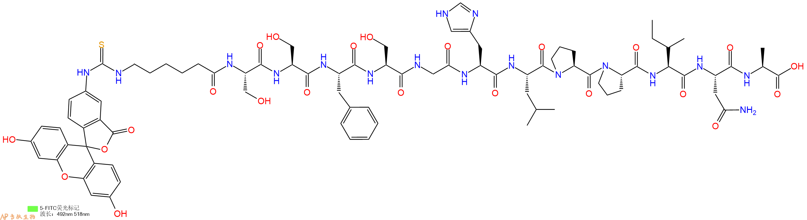 专肽生物产品5FITC-Ahx-Ser-Ser-Phe-Ser-Gly-His-Leu-Pro-Pro-Ile-Asn-Ala-OH
