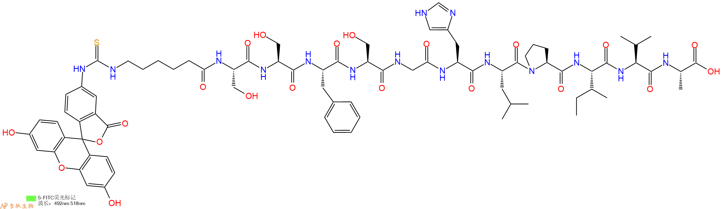专肽生物产品5FITC-Ahx-Ser-Ser-Phe-Ser-Gly-His-Leu-Pro-Ile-Val-Ala-OH