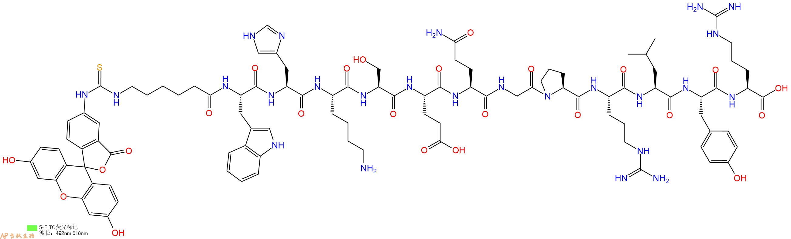 专肽生物产品5FITC-Ahx-Trp-His-Lys-Ser-Glu-Gln-Gly-Pro-Arg-Leu-Tyr-Arg-OH