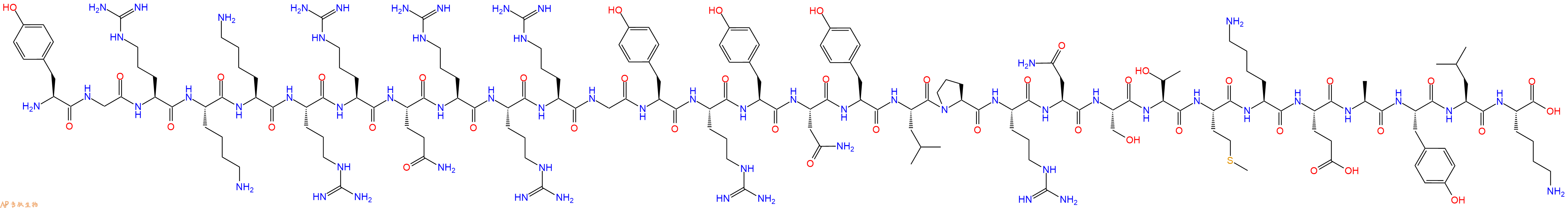 专肽生物产品H2N-Tyr-Gly-Arg-Lys-Lys-Arg-Arg-Gln-Arg-Arg-Arg-Gly-Tyr-Arg-Tyr-Asn-Tyr-Leu-Pro-Arg-Asn-Ser-Thr-Met-Lys-Glu-Ala-Tyr-Leu-Lys-OH