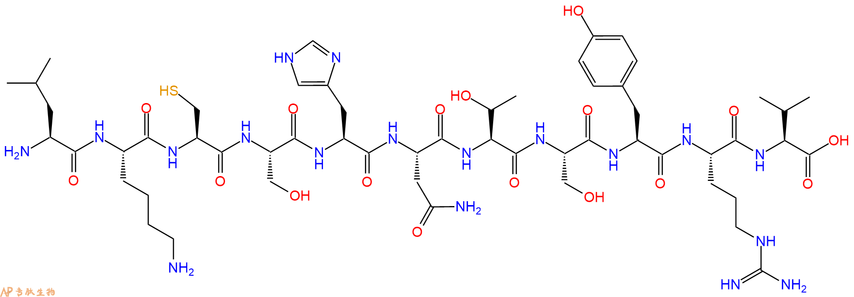 专肽生物产品H2N-Leu-Lys-Cys-Ser-His-Asn-Thr-Ser-Tyr-Arg-Val-OH
