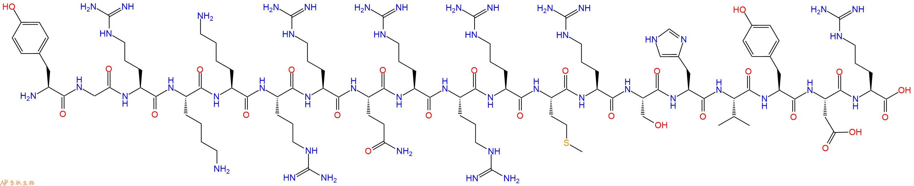 专肽生物产品H2N-Tyr-Gly-Arg-Lys-Lys-Arg-Arg-Gln-Arg-Arg-Arg-Met-Arg-Ser-His-Val-Tyr-Asp-Arg-OH
