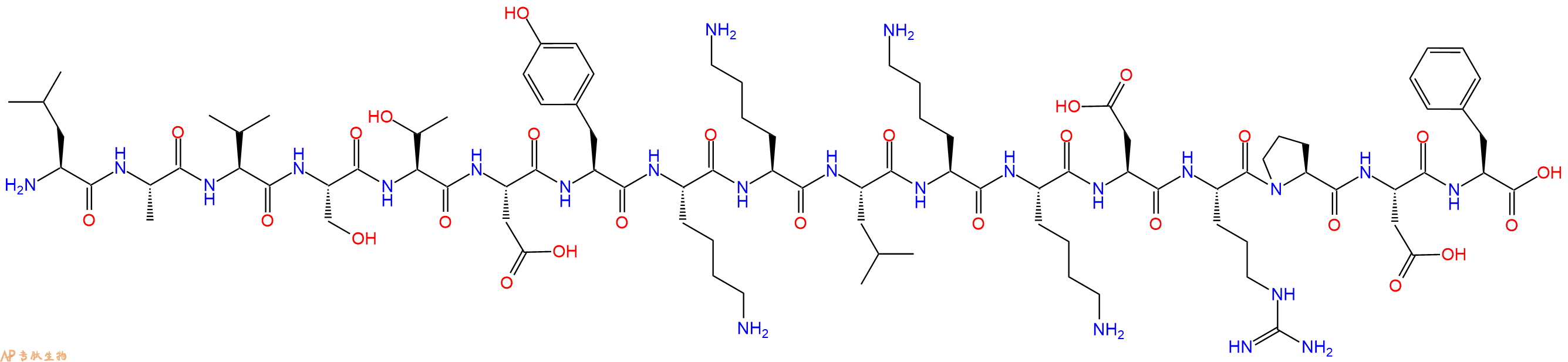 专肽生物产品H2N-Leu-Ala-Val-Ser-Thr-Asp-Tyr-Lys-Lys-Leu-Lys-Lys-Asp-Arg-Pro-Asp-Phe-OH