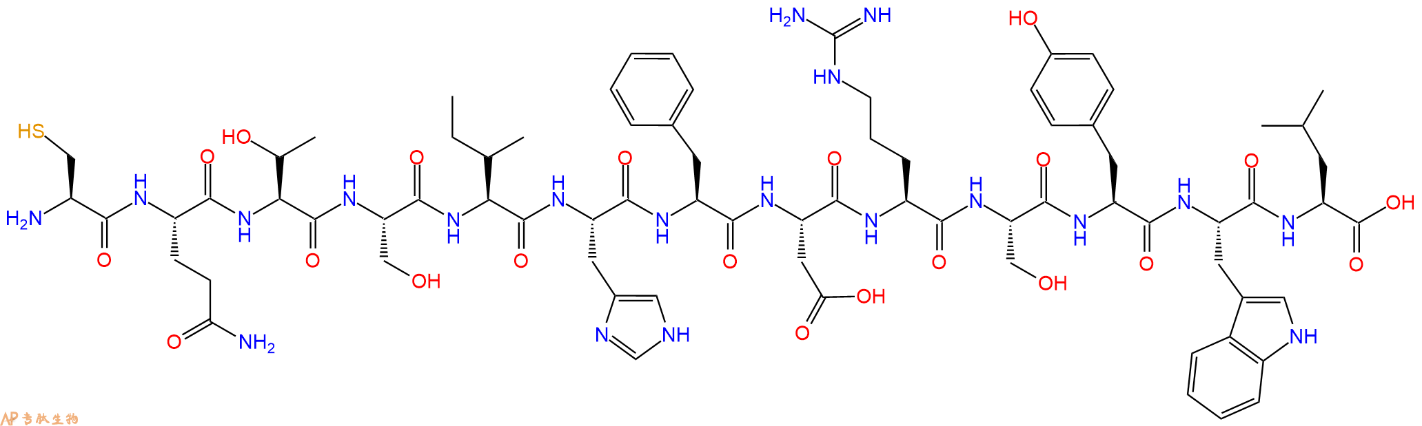 专肽生物产品H2N-Cys-Gln-Thr-Ser-Ile-His-Phe-Asp-Arg-Ser-Tyr-Trp-Leu-OH
