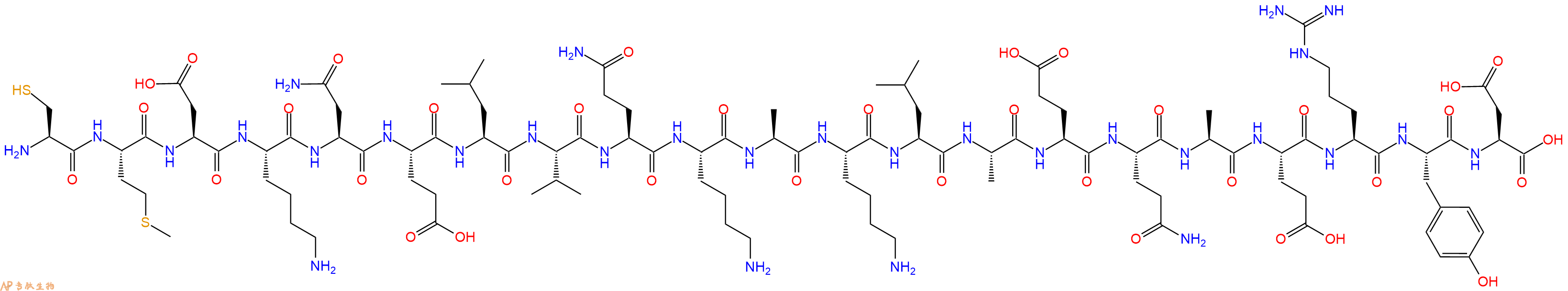 专肽生物产品H2N-Cys-Met-Asp-Lys-Asn-Glu-Leu-Val-Gln-Lys-Ala-Lys-Leu-Ala-Glu-Gln-Ala-Glu-Arg-Tyr-Asp-OH
