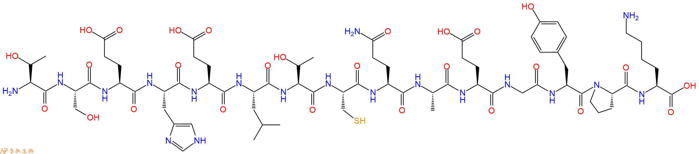 专肽生物产品H2N-Thr-Ser-Glu-His-Glu-Leu-Thr-Cys-Gln-Ala-Glu-Gly-Tyr-Pro-Lys-OH