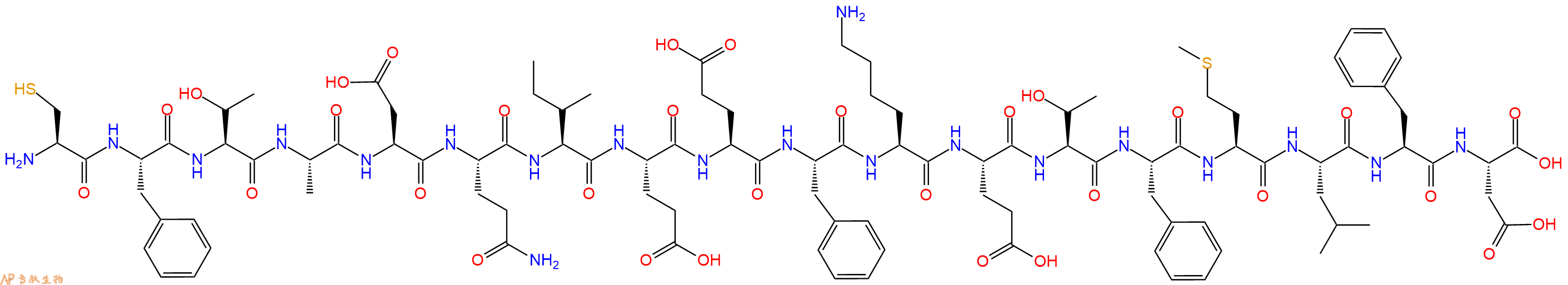 专肽生物产品H2N-Cys-Phe-Thr-Ala-Asp-Gln-Ile-Glu-Glu-Phe-Lys-Glu-Thr-Phe-Met-Leu-Phe-Asp-OH