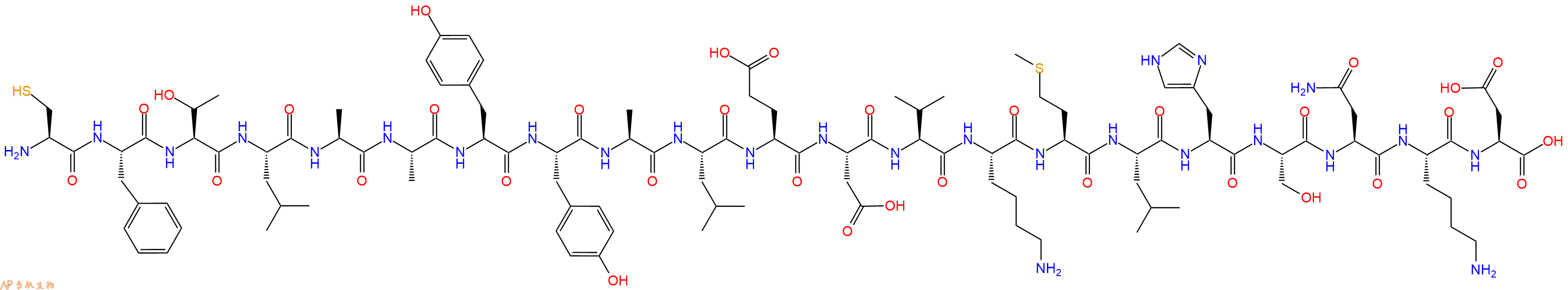专肽生物产品H2N-Cys-Phe-Thr-Leu-Ala-Ala-Tyr-Tyr-Ala-Leu-Glu-Asp-Val-Lys-Met-Leu-His-Ser-Asn-Lys-Asp-OH