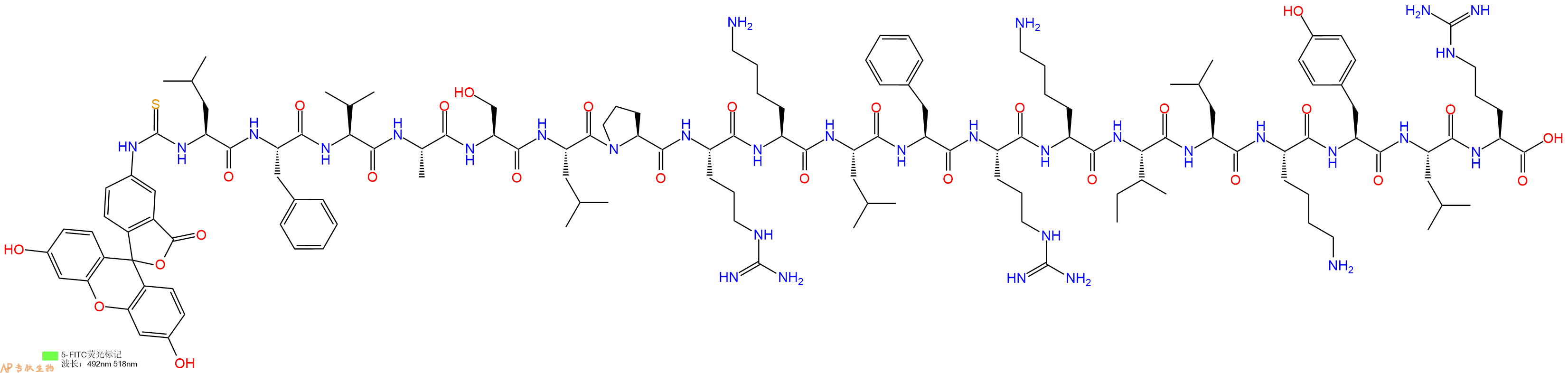专肽生物产品5FITC-Leu-Phe-Val-Ala-Ser-Leu-Pro-Arg-Lys-Leu-Phe-Arg-Lys-Ile-Leu-Lys-Tyr-Leu-Arg-OH