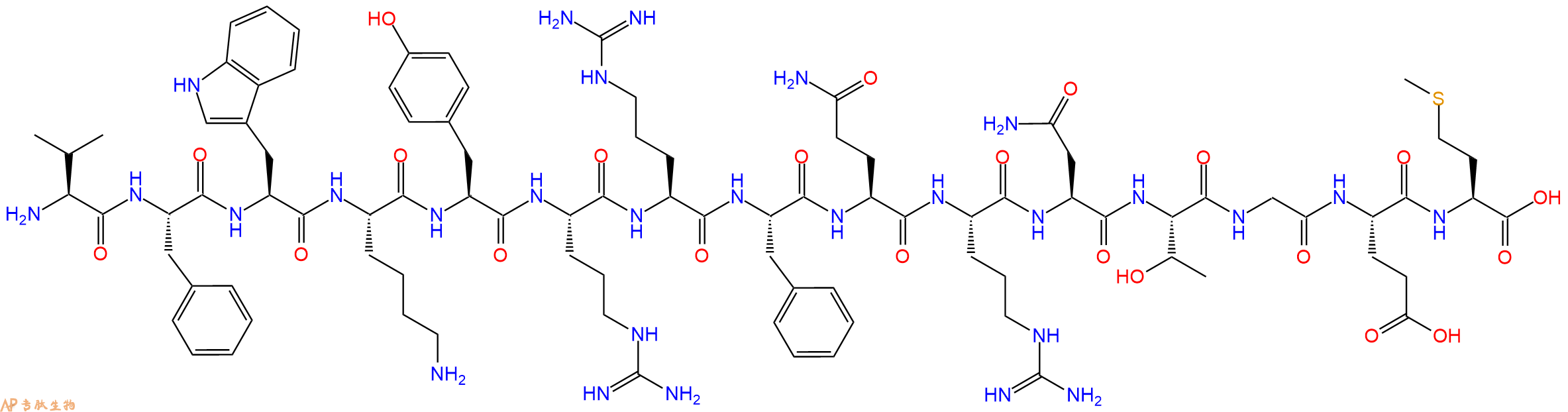 专肽生物产品H2N-Val-Phe-Trp-Lys-Tyr-Arg-Arg-Phe-Gln-Arg-Asn-Thr-Gly-Glu-Met-OH