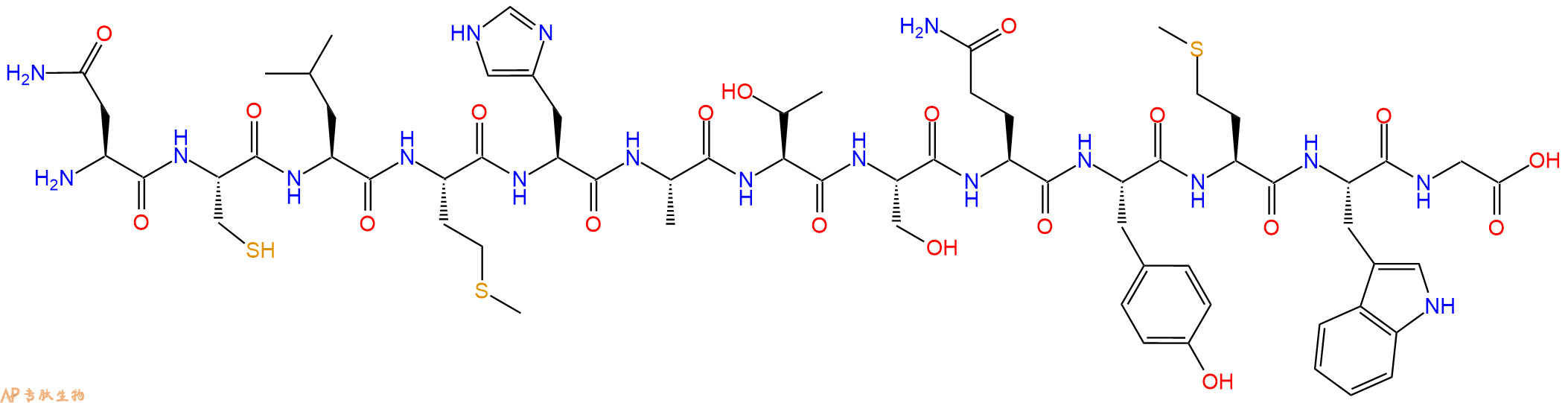 专肽生物产品H2N-Asn-Cys-Leu-Met-His-Ala-Thr-Ser-Gln-Tyr-Met-Trp-Gly-OH