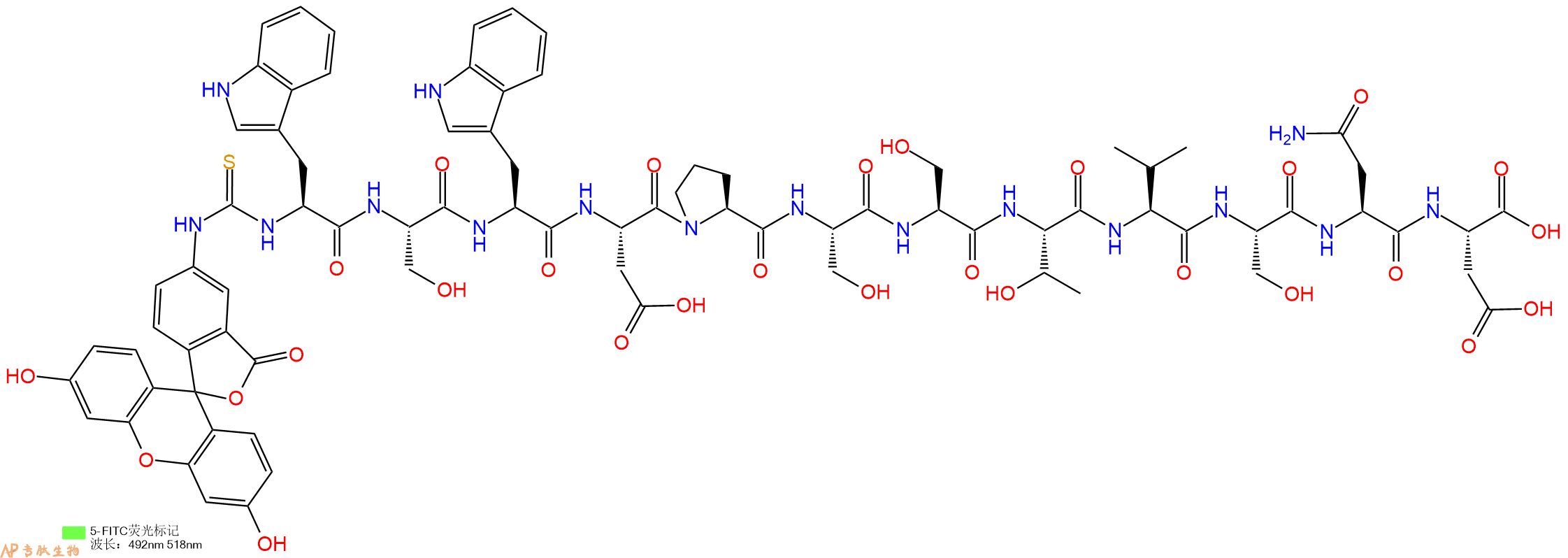 专肽生物产品5FITC-Trp-Ser-Trp-Asp-Pro-Ser-Ser-Thr-Val-Ser-Asn-Asp-OH