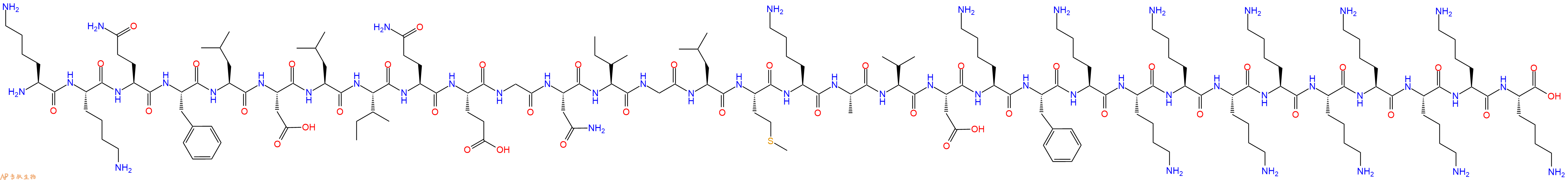 专肽生物产品H2N-Lys-Lys-Gln-Phe-Leu-Asp-Leu-Ile-Gln-Glu-Gly-Asn-Ile-Gly-Leu-Met-Lys-Ala-Val-Asp-Lys-Phe-Lys-Lys-Lys-Lys-Lys-Lys-Lys-Lys-Lys-Lys-OH