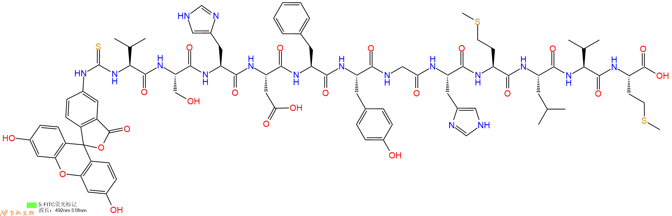 专肽生物产品5FITC-Val-Ser-His-Asp-Phe-Tyr-Gly-His-Met-Leu-Val-Met-OH