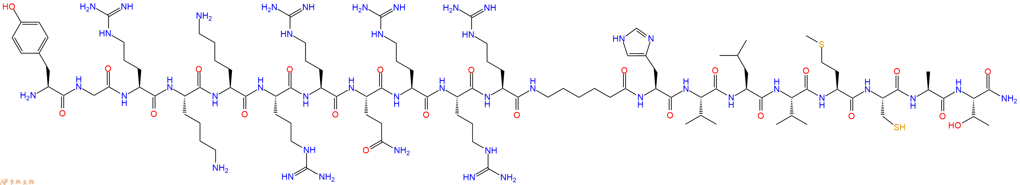 专肽生物产品H2N-Tyr-Gly-Arg-Lys-Lys-Arg-Arg-Gln-Arg-Arg-Arg-Ahx-His-Val-Leu-Val-Met-Cys-Ala-Thr-CONH2