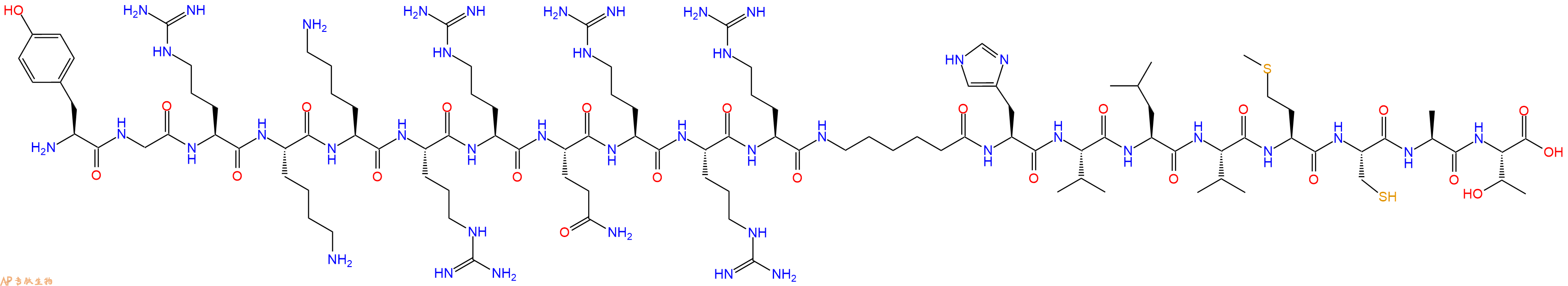 专肽生物产品H2N-Tyr-Gly-Arg-Lys-Lys-Arg-Arg-Gln-Arg-Arg-Arg-Ahx-His-Val-Leu-Val-Met-Cys-Ala-Thr-OH