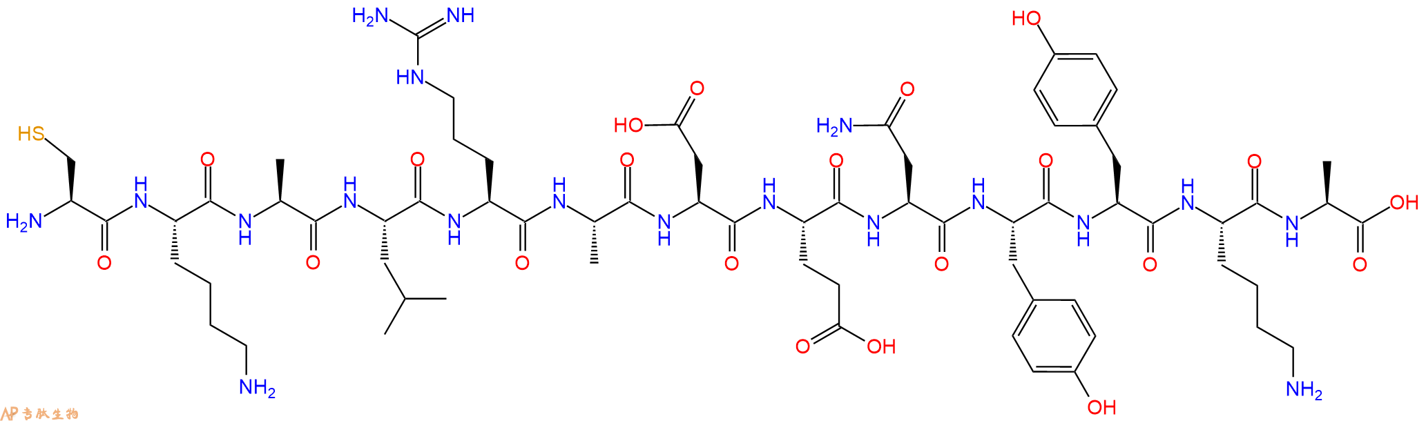 专肽生物产品H2N-Cys-Lys-Ala-Leu-Arg-Ala-Asp-Glu-Asn-Tyr-Tyr-Lys-Ala-OH