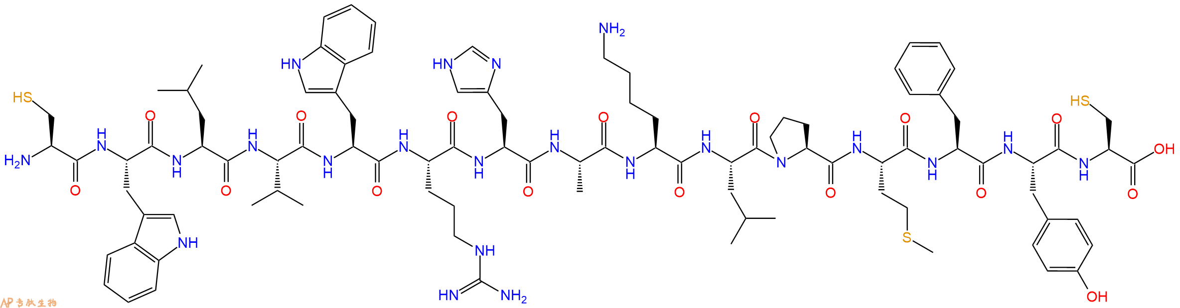 专肽生物产品H2N-Cys-Trp-Leu-Val-Trp-Arg-His-Ala-Lys-Leu-Pro-Met-Phe-Tyr-Cys-OH