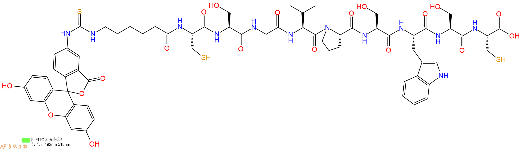 专肽生物产品5FITC-Ahx-Cys-Ser-Gly-Val-Pro-Ser-Trp-Ser-Cys-OH