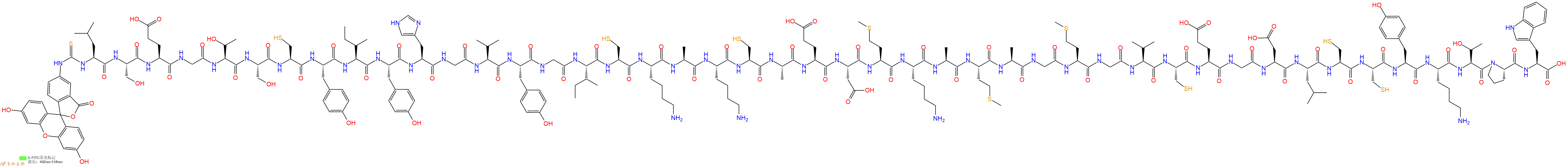 专肽生物产品5FITC-Leu-Ser-Glu-Gly-Thr-Ser-Cys-Tyr-Ile-Tyr-His-Gly-Val-Tyr-Gly-Ile-Cys-Lys-Ala-Lys-Cys-Ala-Glu-Asp-Met-Lys-Ala-Met-Ala-Gly-Met-Gly-Val-Cys-Glu-Gly-Asp-Leu-Cys-Cys-Tyr-Lys-Thr-Pro-Trp-OH