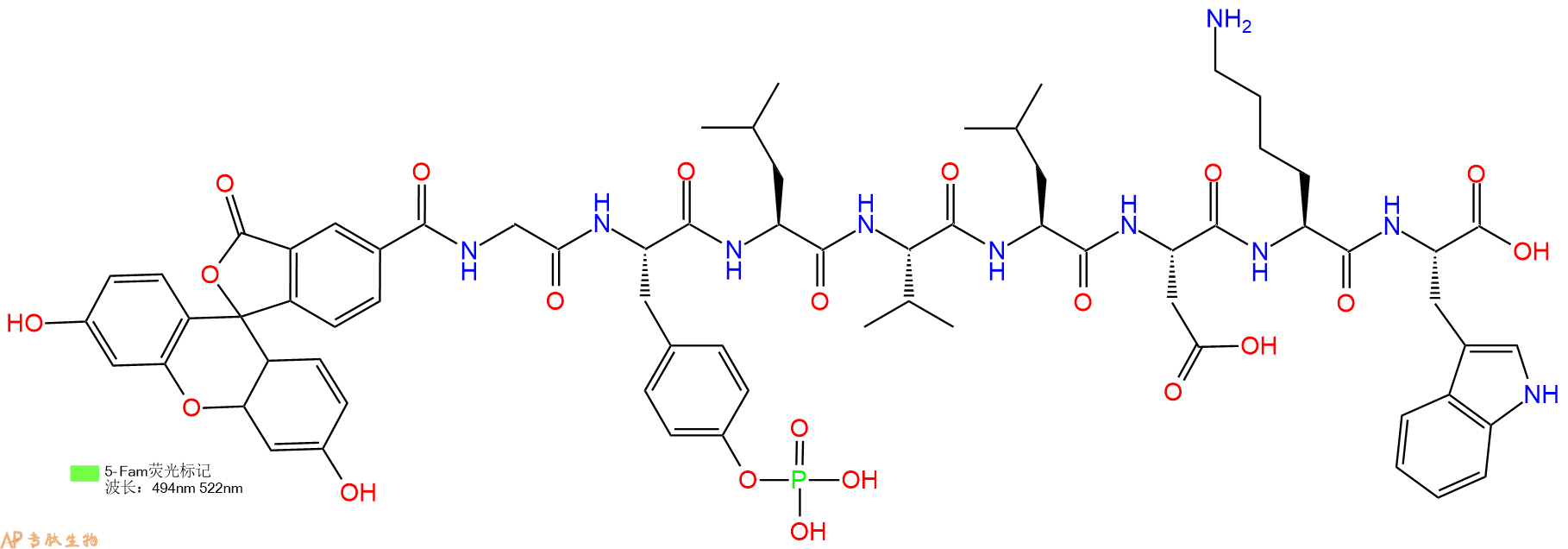 专肽生物产品5FAM-Gly-Tyr(PO3H2)-Leu-Val-Leu-Asp-Lys-Trp-OH