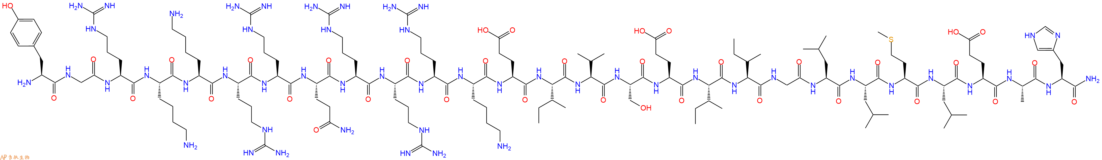专肽生物产品H2N-Tyr-Gly-Arg-Lys-Lys-Arg-Arg-Gln-Arg-Arg-Arg-Lys-Glu-Ile-Val-Ser-Glu-Ile-Ile-Gly-Leu-Leu-Met-Leu-Glu-Ala-His-CONH2