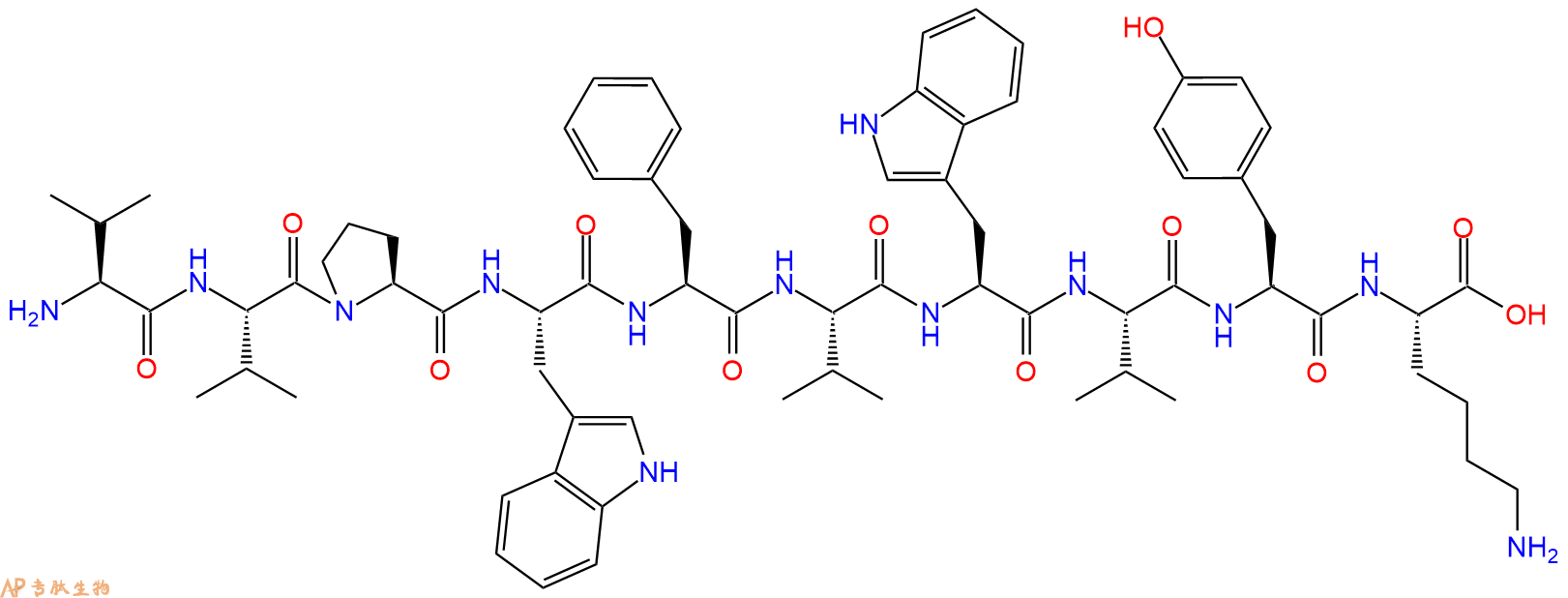 专肽生物产品H2N-Val-Val-Pro-Trp-Phe-Val-Trp-Val-Tyr-Lys-OH