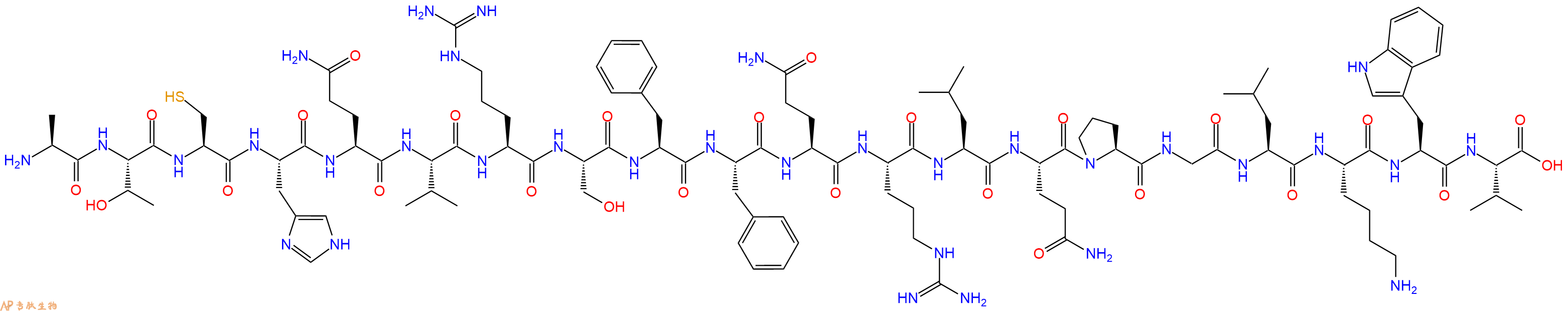 专肽生物产品H2N-Ala-Thr-Cys-His-Gln-Val-Arg-Ser-Phe-Phe-Gln-Arg-Leu-Gln-Pro-Gly-Leu-Lys-Trp-Val-OH