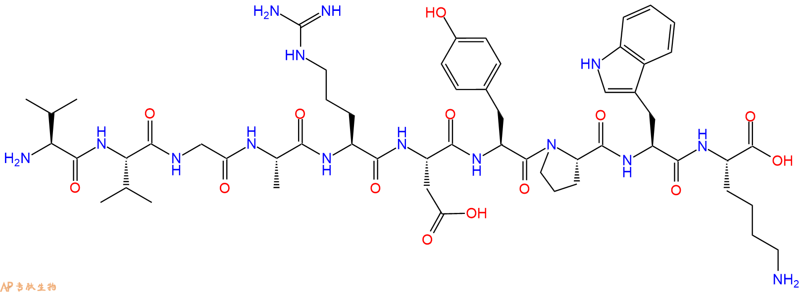 专肽生物产品H2N-Val-Val-Gly-Ala-Arg-Asp-Tyr-Pro-Trp-Lys-OH