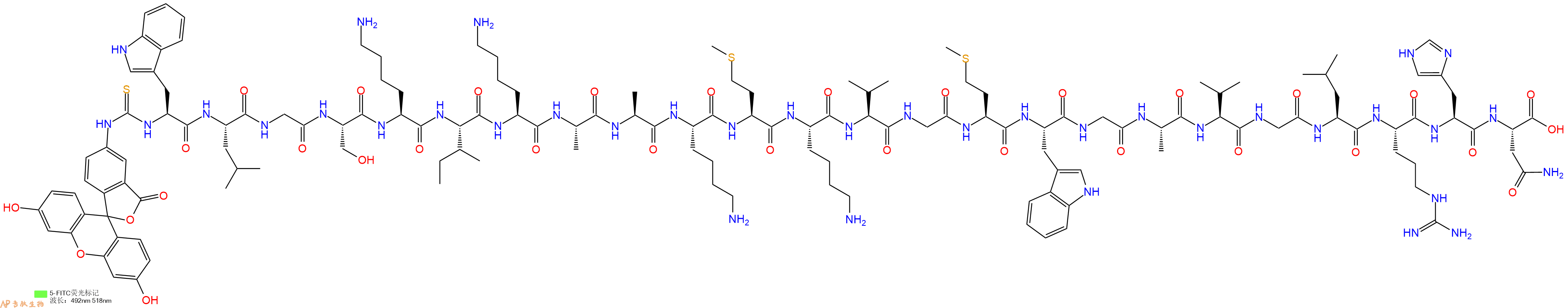 专肽生物产品5FITC-Trp-Leu-Gly-Ser-Lys-Ile-Lys-Ala-Ala-Lys-Met-Lys-Val-Gly-Met-Trp-Gly-Ala-Val-Gly-Leu-Arg-His-Asn-OH
