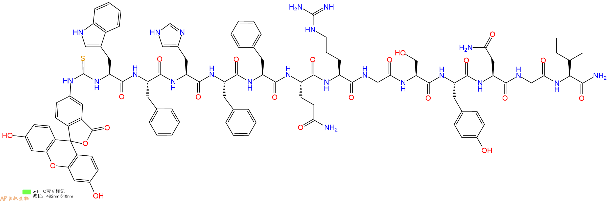 专肽生物产品5FITC-Trp-Phe-His-Phe-Phe-Gln-Arg-Gly-Ser-Tyr-Asn-Gly-Ile-CONH2