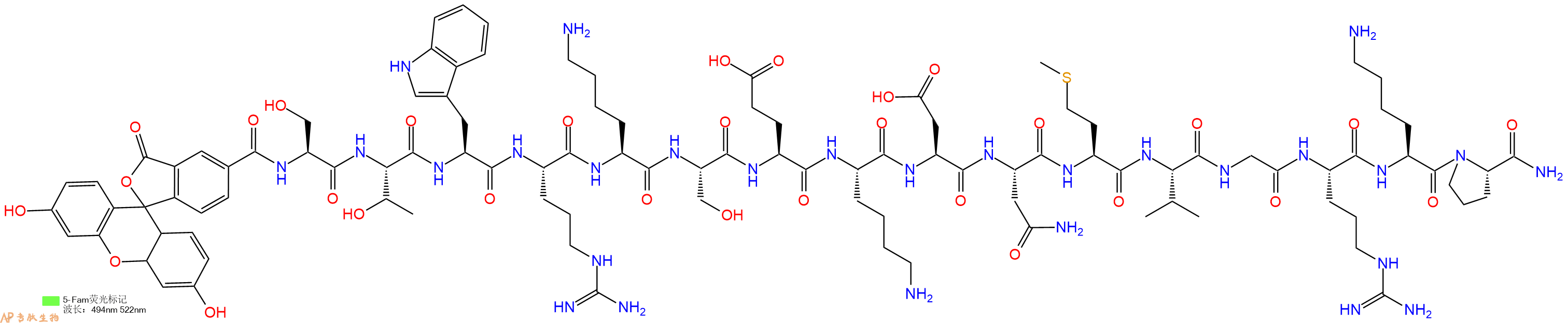 专肽生物产品5FAM-Ser-Thr-Trp-Arg-Lys-Ser-Glu-Lys-Asp-Asn-Met-Val-Gly-Arg-Lys-Pro-CONH2