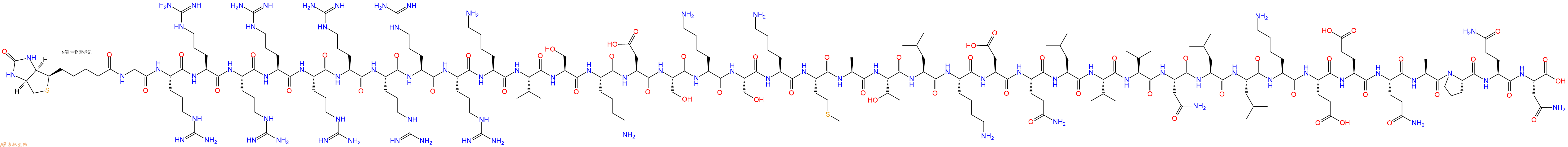 专肽生物产品Biotinyl-Gly-Arg-Arg-Arg-Arg-Arg-Arg-Arg-Arg-Arg-Lys-Val-Ser-Lys-Asp-Ser-Lys-Ser-Lys-Met-Ala-Thr-Leu-Lys-Asp-Gln-Leu-Ile-Val-Asn-Leu-Leu-Lys-Glu-Glu-Gln-Ala-Pro-Gln-Asn-OH